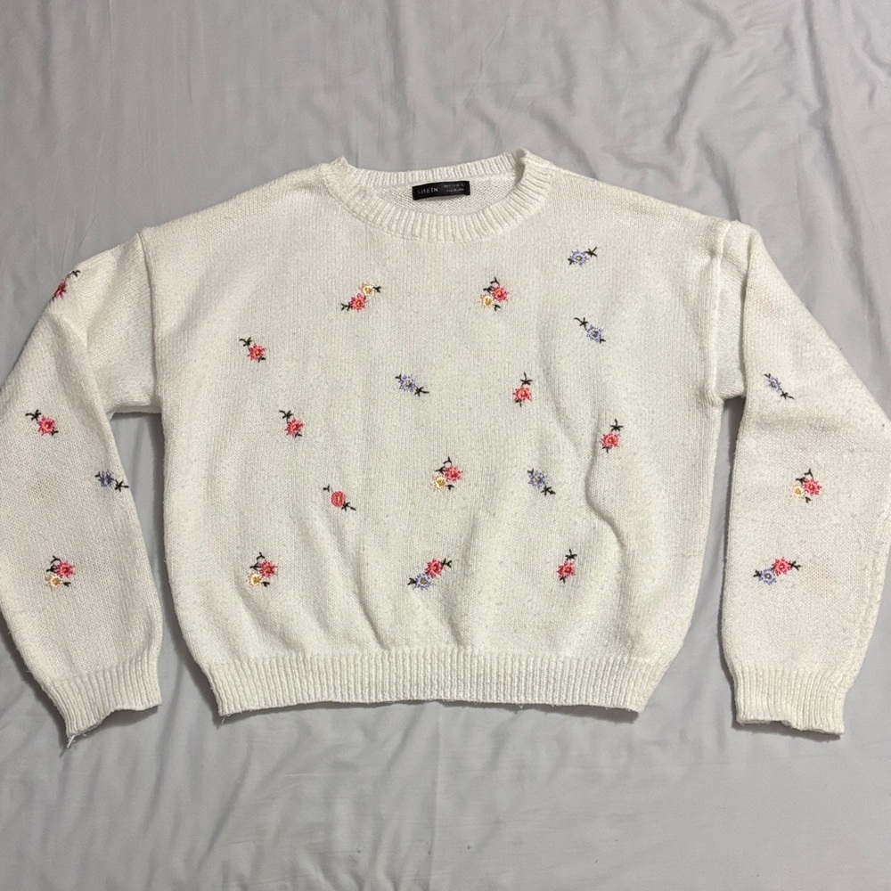 SHEIN White Sweater with Colorful Floral Embroidery